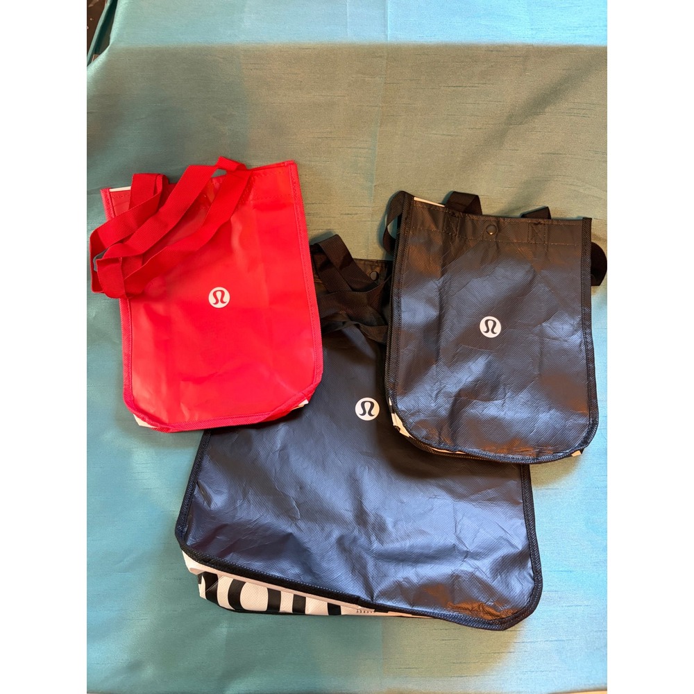 Lululemon Reusable Shopping Tote Bag Set 3pk Red Black White Athleisure Logo